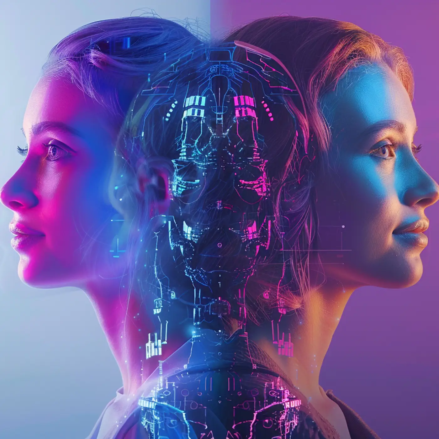 two humans and a robot AI in the middle