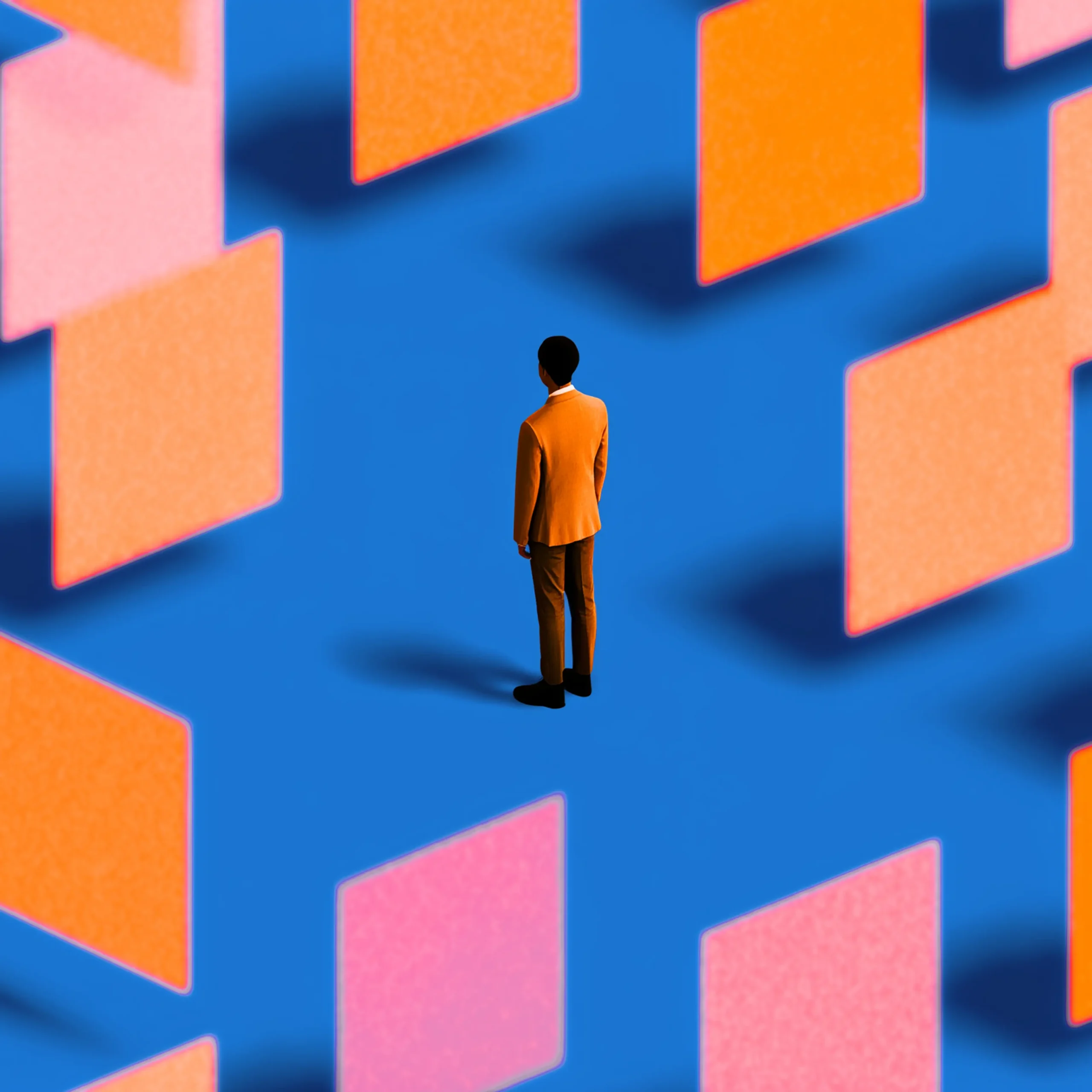 A person in an orange suit stands alone on a blue abstract plane with floating pink-orange panels around them, suggesting choice or direction.