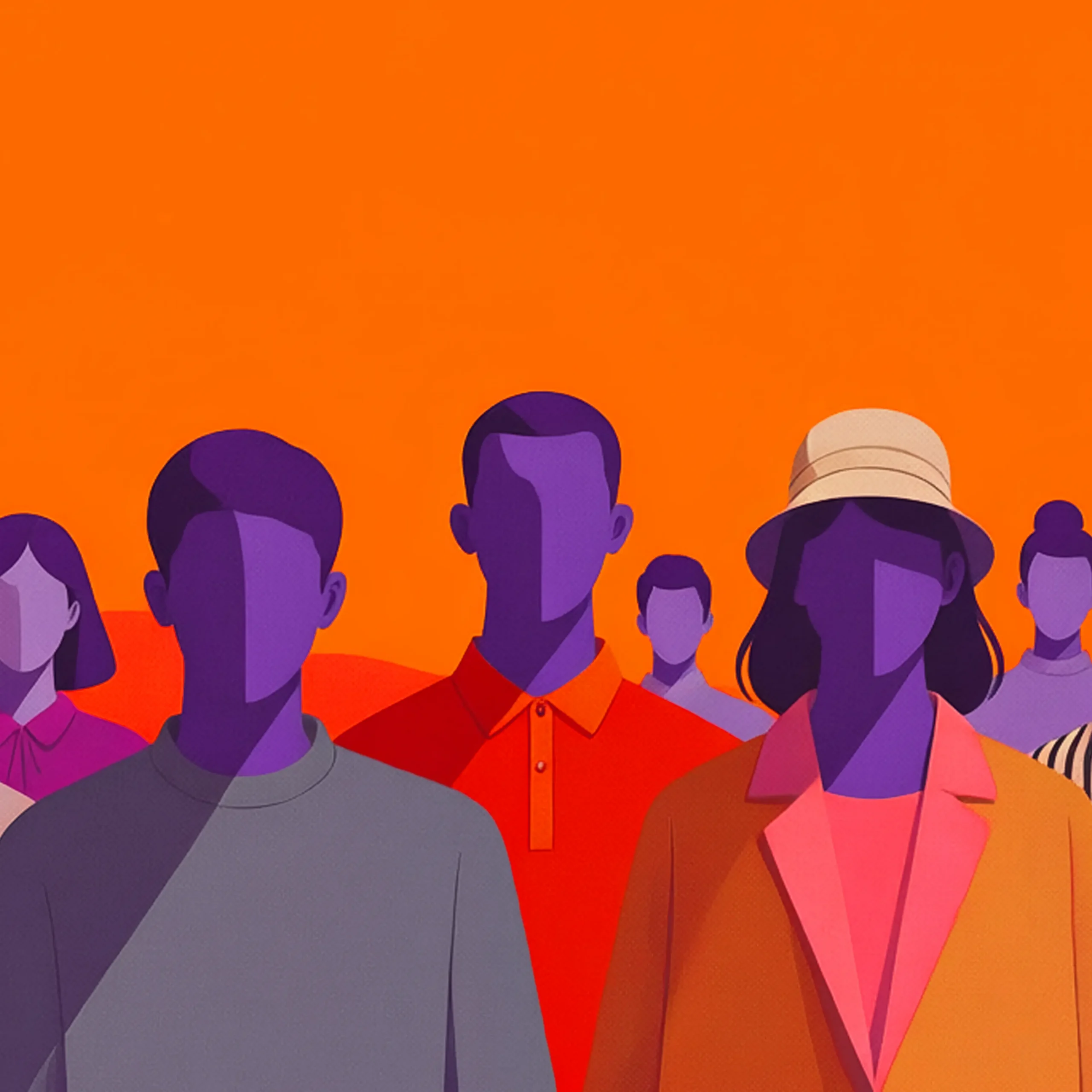 Abstract illustration of a crowd of stylized purple-toned people crowded together against a bright orange background.