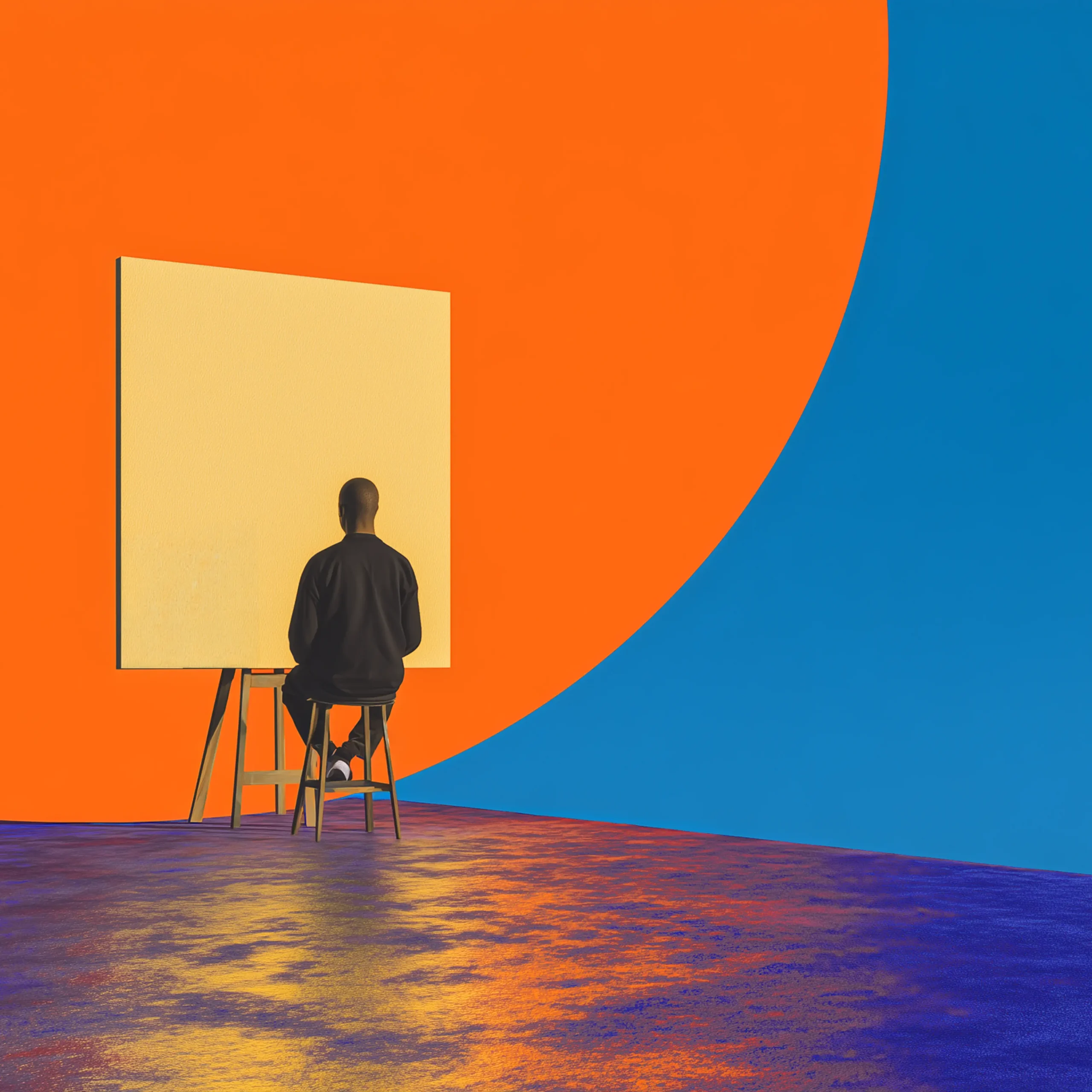 Back view of a person in a black hoodie standing on a ladder in front of a whiteboard against an abstract orange and blue background.