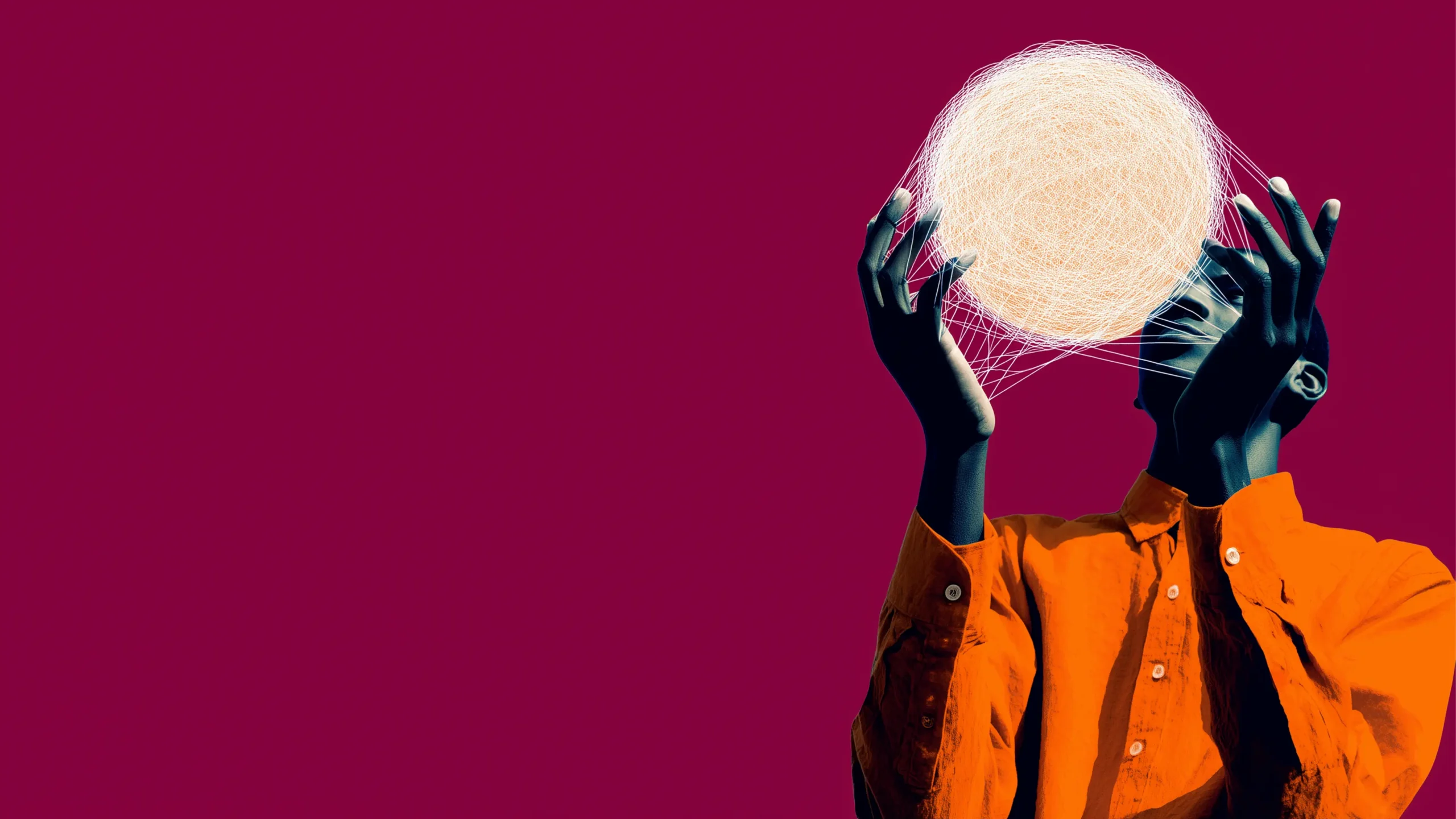 Person in an orange shirt holds a glowing tangled circle of light against a magenta background.