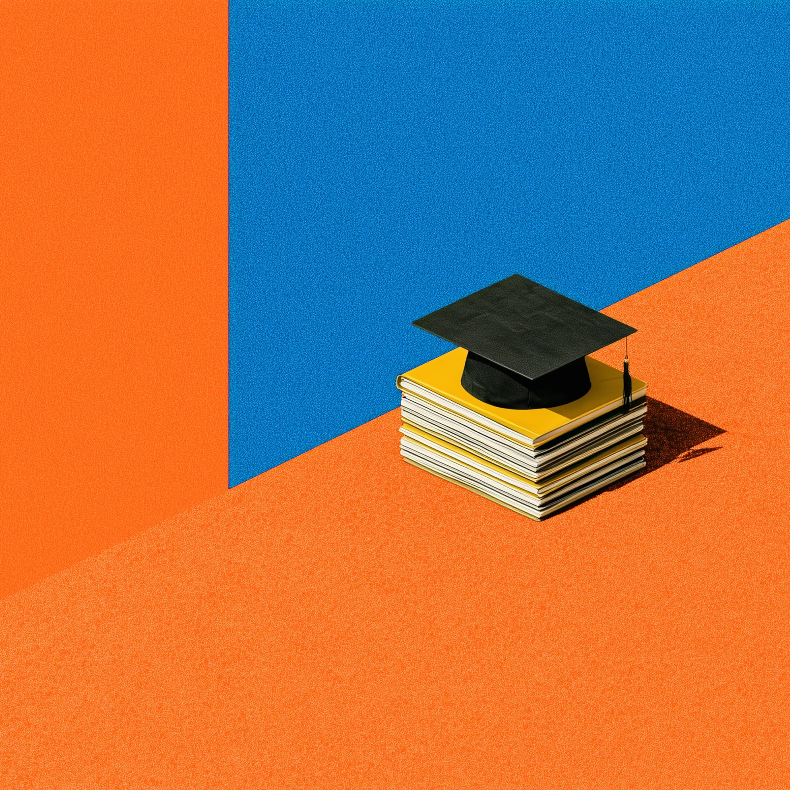 Graduation cap resting on a stack of books atop a bold orange and blue abstract background.