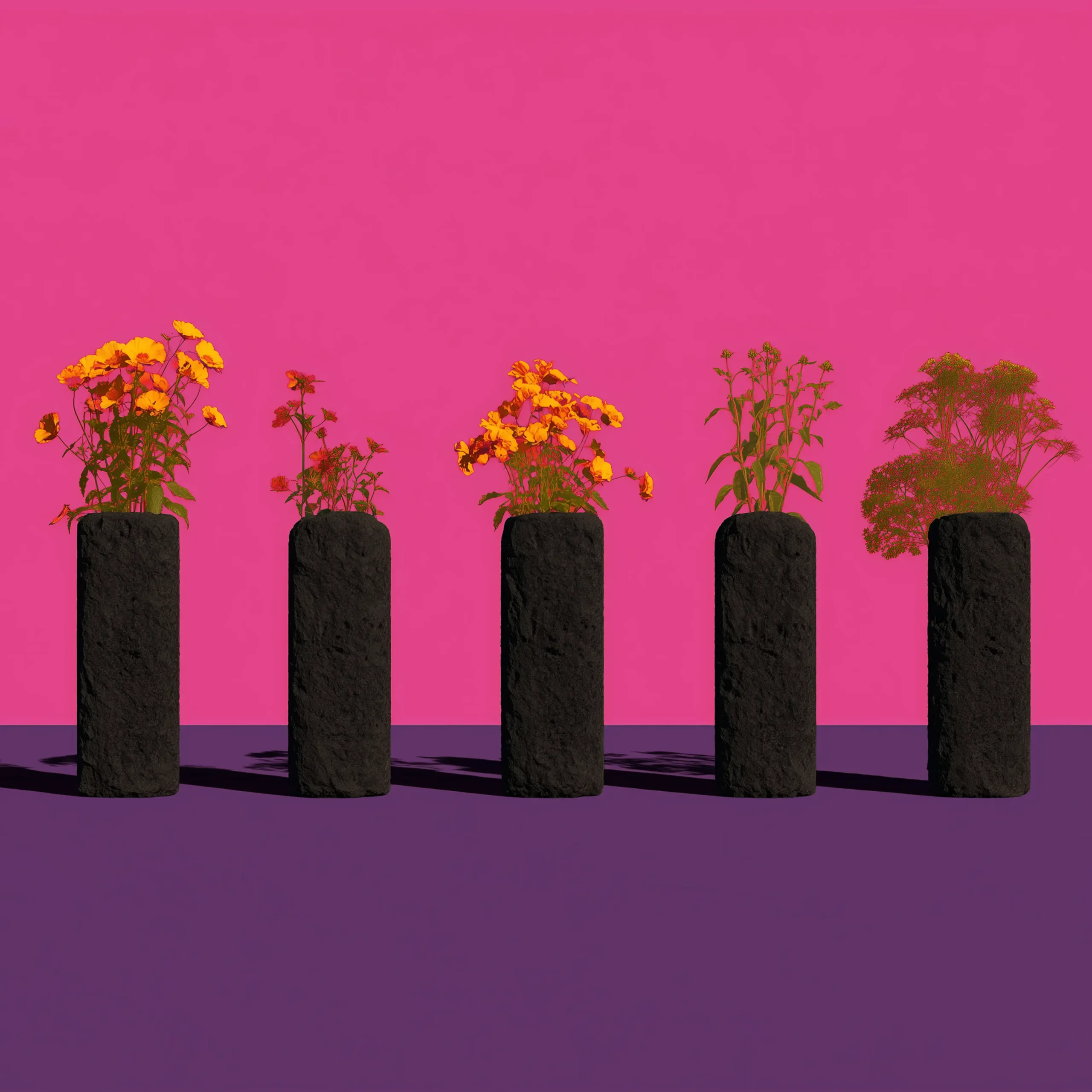 Row of black cylindrical planters with yellow flowers against a pink-magenta background.