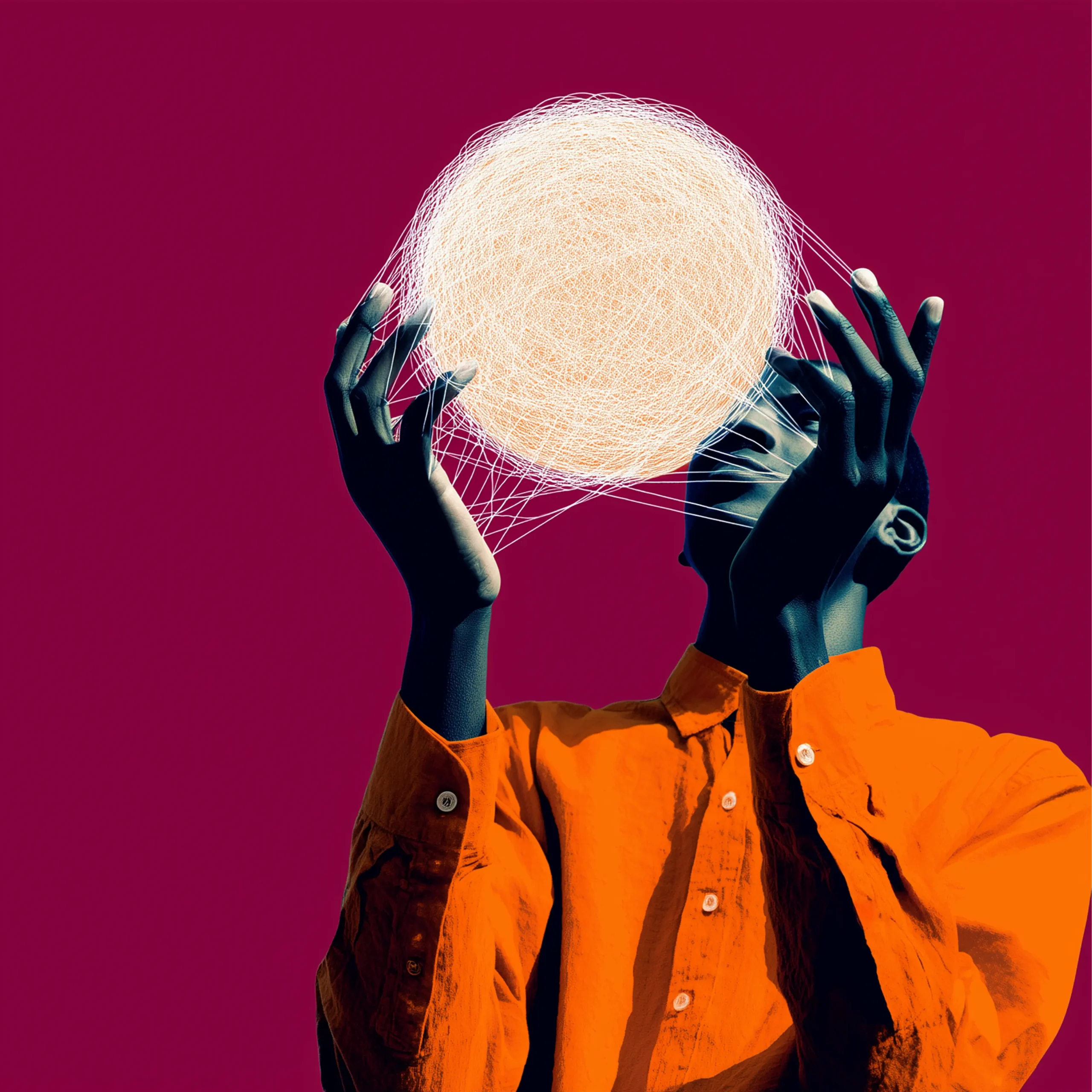 Person in an orange shirt holds a tangled white thread sphere around their bald head against a magenta background.