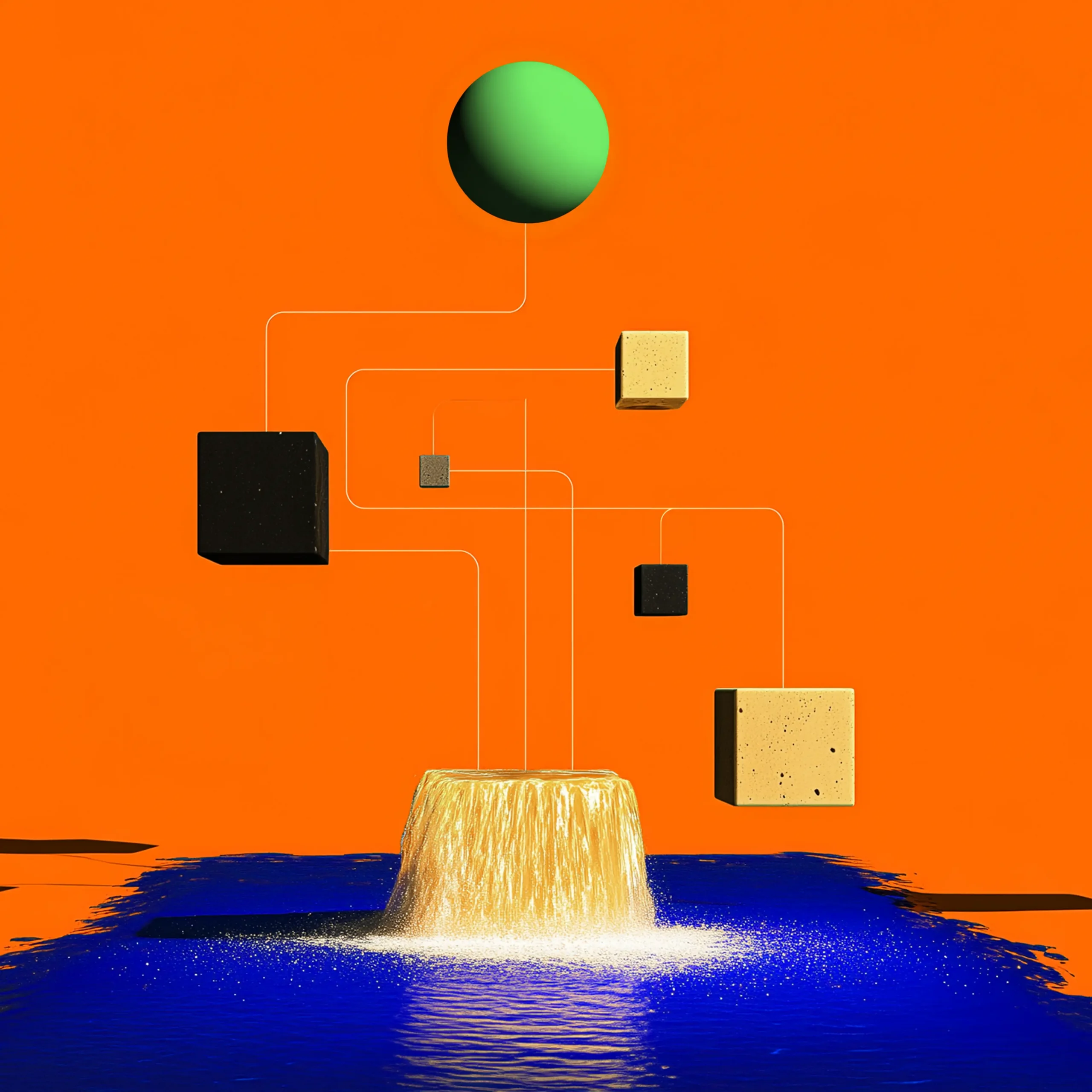 Abstract orange background with a green sphere connected by white lines to assorted blocks over a blue pool.