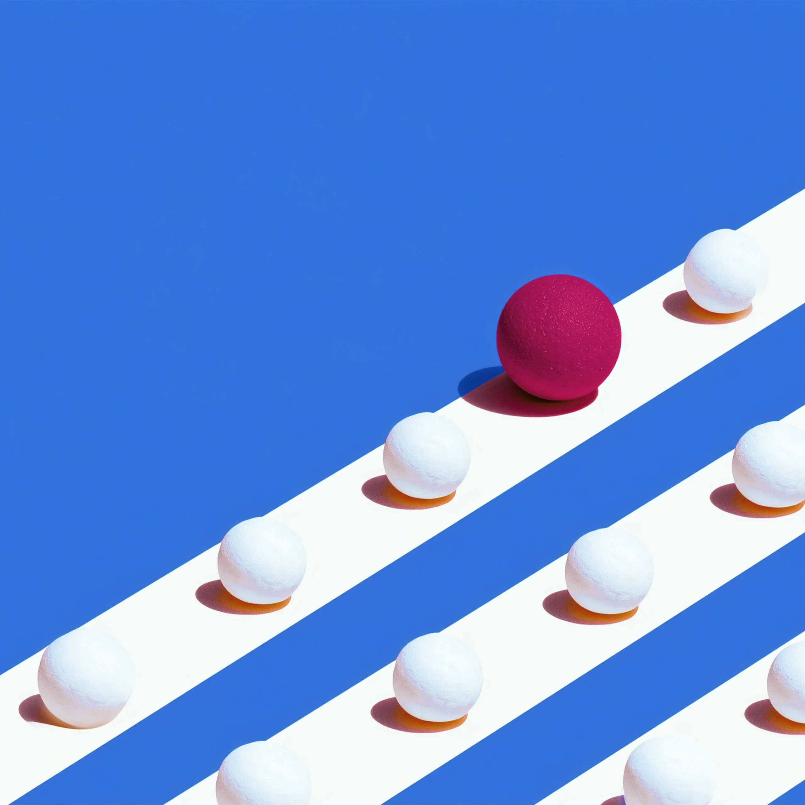 Abstract blue background with diagonal white stripes and white spheres along the stripes.