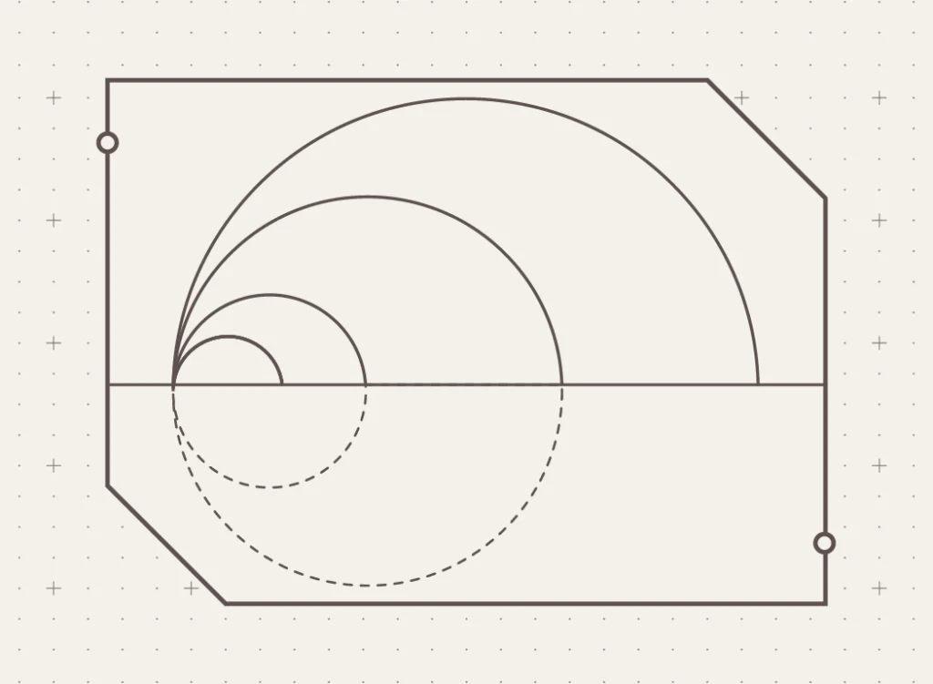 Geometric illustration of concentric arcs forming a spiral from the bottom-left inside a bordered rectangle.