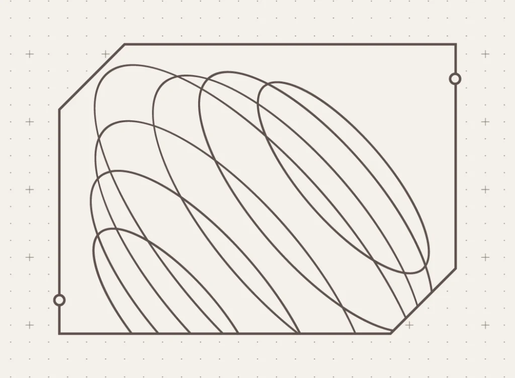 Abstract line art of overlapping curved loops inside a bordered hexagonal frame, decorative design.