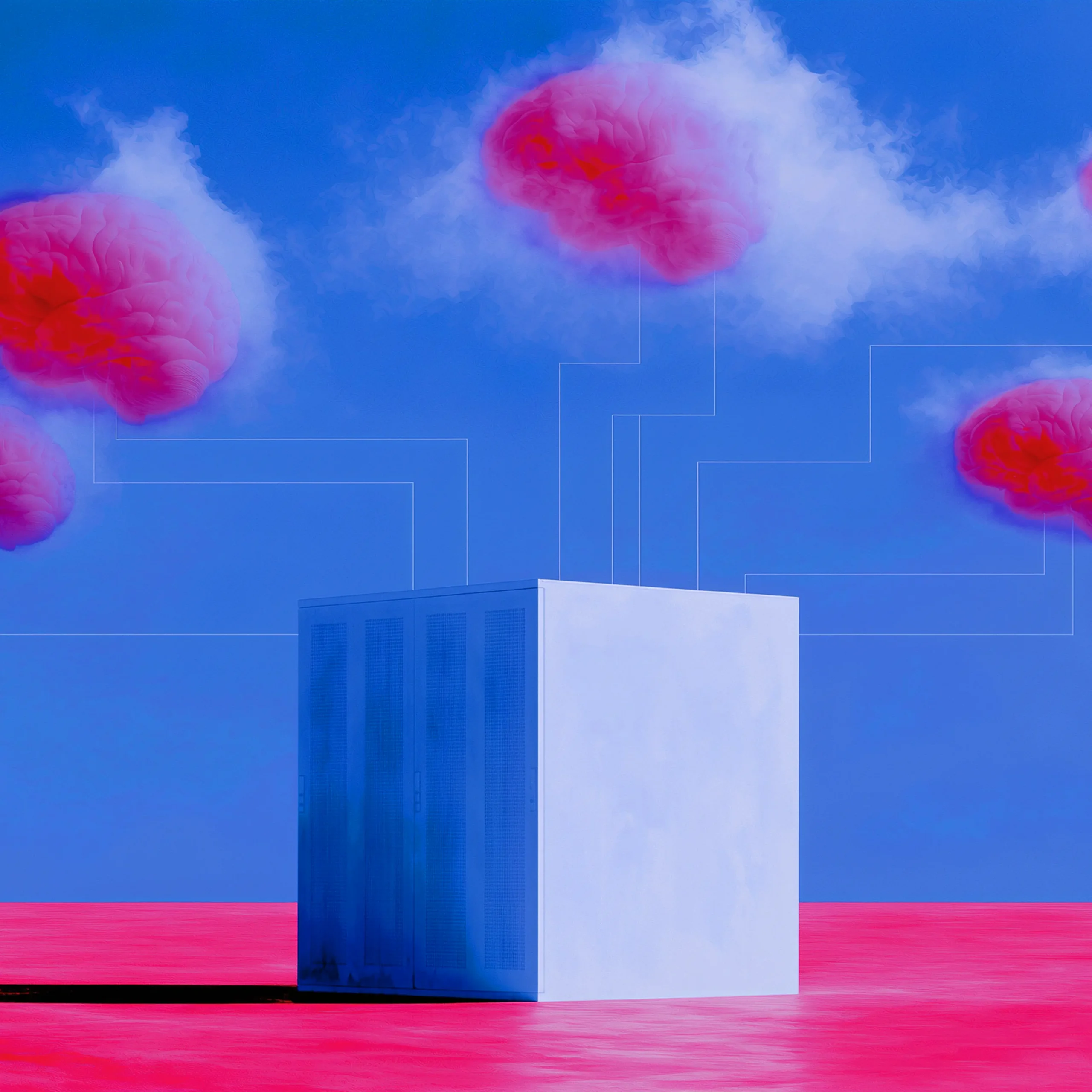 Blue background with pink smoke plumes and a white box-like building at the base on a pink surface.