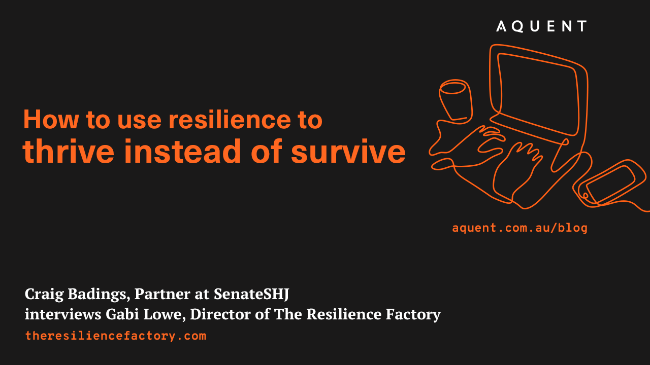 Dark hero banner with bold orange title 'How to use resilience to thrive instead of survive' and an orange line-drawing computer on the right; 'aquent.com.au/blog' visible.