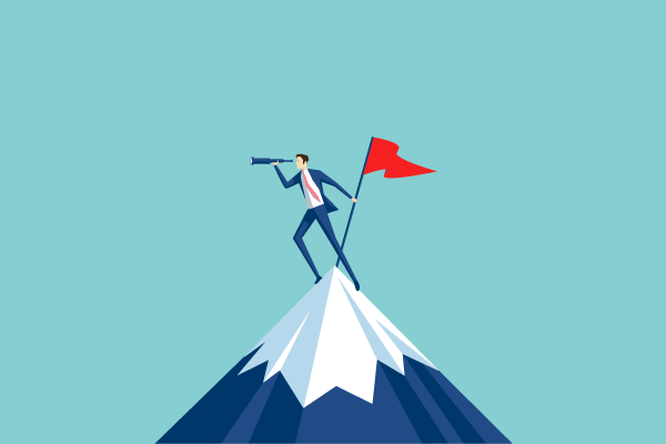 Person standing on a snow-capped mountain peak, using a telescope with a red flag planted at the summit, symbolizing goal achievement and vision
