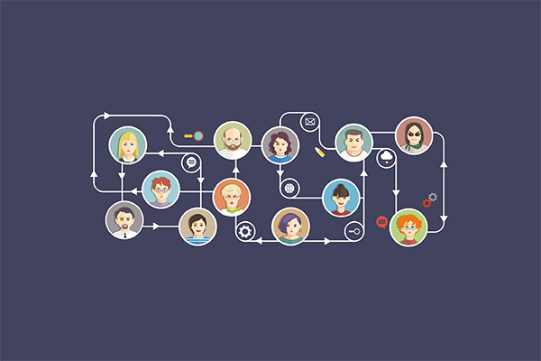 Network of diverse user avatars connected by arrows, illustrating a team communication flow on a dark blue background.