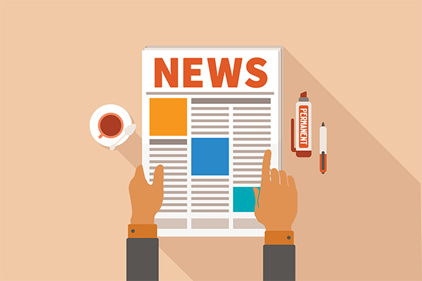 Top-down view of a newspaper labeled NEWS being read by two hands, with a cup of coffee on the left and a glue bottle and a pen on the right.