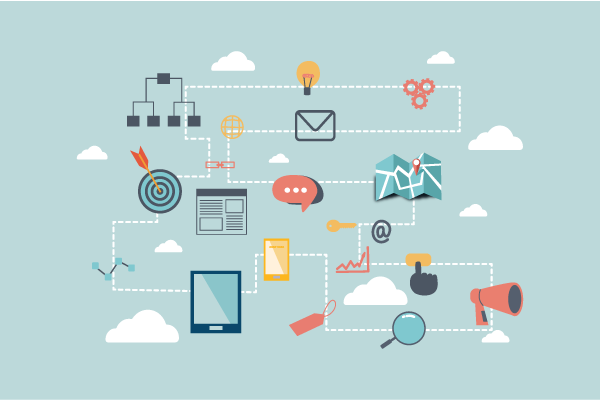 Conceptual network of digital communication tools—emails, chats, maps, and devices linked by dotted lines across a cloud-filled background.