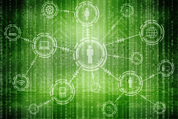 Green digital network: connected icons representing people linked by circular nodes in a data matrix background, illustrating connectivity and collaboration.