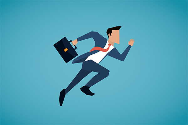 Illustration of a businessman in a suit running with a briefcase against a blue background, conveying urgency or haste.