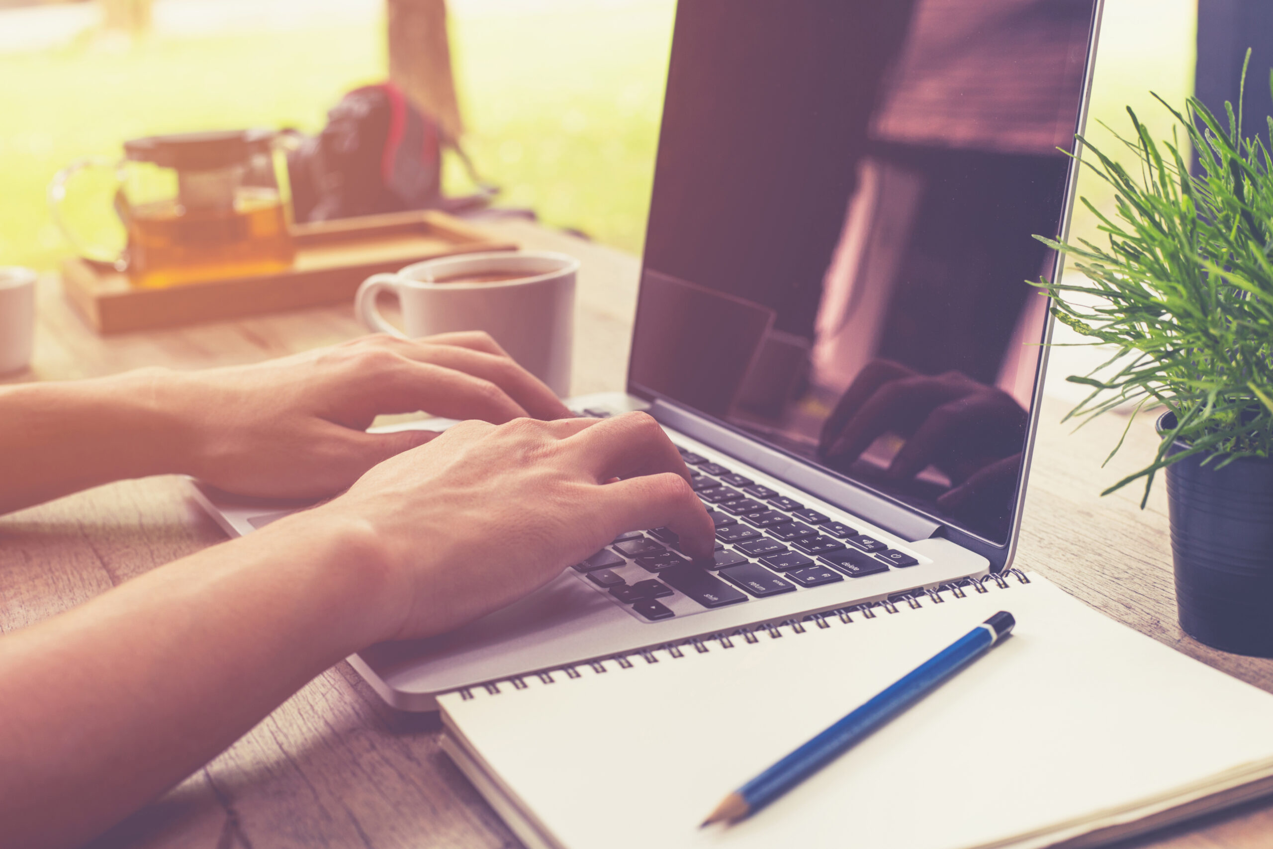 Person typing on a laptop at a wooden desk with a notebook, pencil, coffee mug, and a plant nearby.