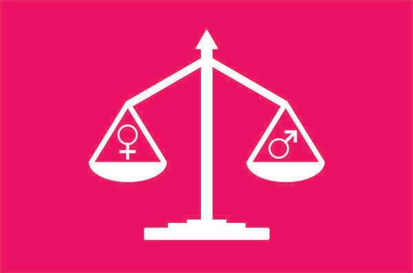 Balance scale with female (left) and male (right) gender symbols against a pink background, signaling gender equality.