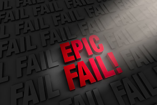 Bold red 3D text reads “EPIC FAIL!” with a dark background repeating the word ‘FAIL’ multiple times, conveying a massive failure moment.