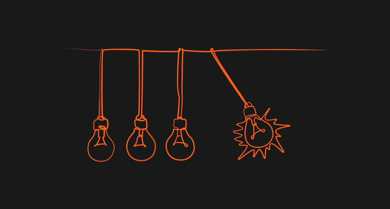 Five hanging light bulbs on a cord, four off and one lit with a spark, symbolizing an idea or innovation moment.