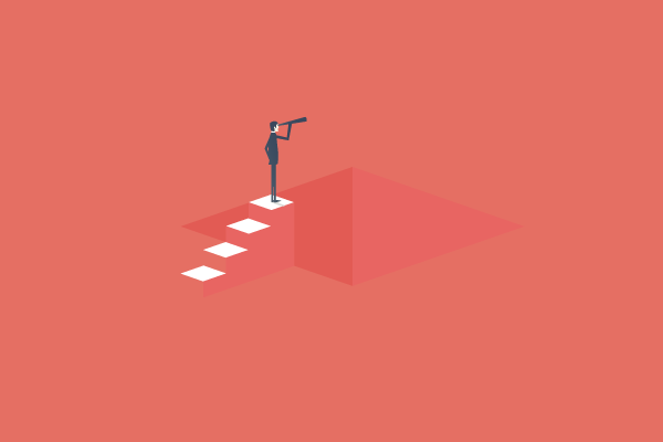 Businessperson on white stepping stones approaching a red chasm, looking ahead with a telescope for future planning