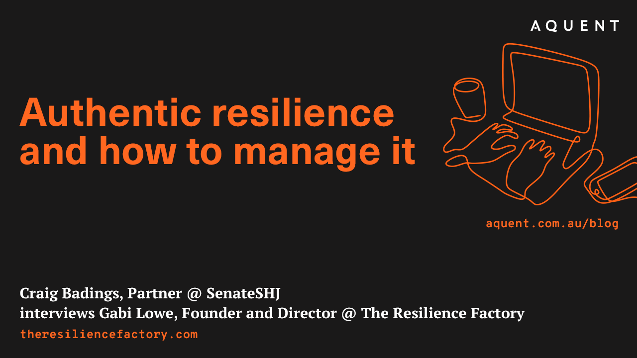 Hero banner for a blog post: bold orange title 'Authentic resilience and how to manage it' with a right-side orange line-art laptop and hands on a dark background; author and site credits at bottom left.