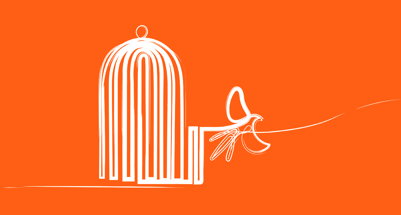Abstract white line drawing: a tall arched cage with a bird breaking free, a curved line suggesting flight on an orange background (symbolizing escape/freedom).