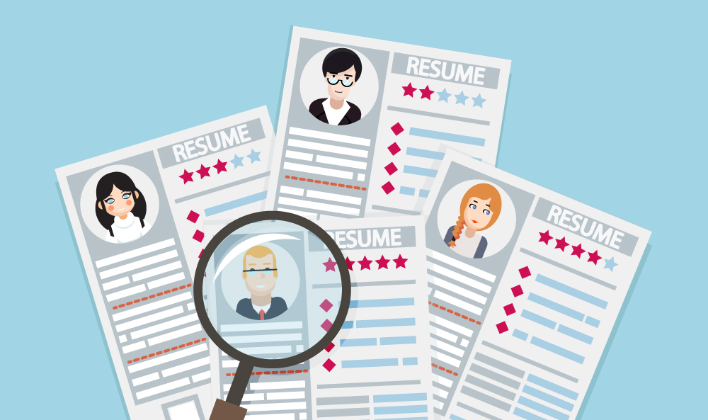 Illustration of magnifying glass over people's CVs
