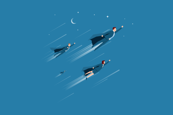 Illustration of four business people in capes soaring through a night sky with stars and a crescent moon.