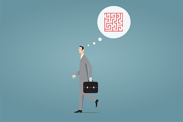 Businessman in a suit walks with briefcase, thinking about a red maze puzzle in a thought bubble