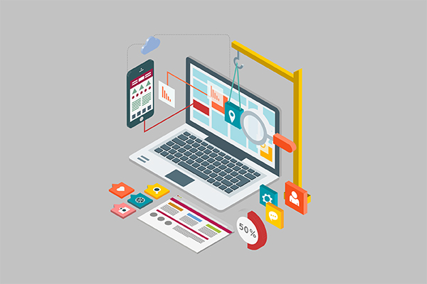 Isometric laptop showing charts with a magnifying glass and location pin, connected to a mobile device and floating UI icons—symbolizing data analytics and digital marketing startup visuals.