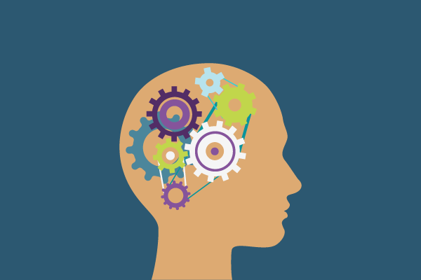 Profile of a human head with colorful gears inside, symbolizing thinking and mental processes.
