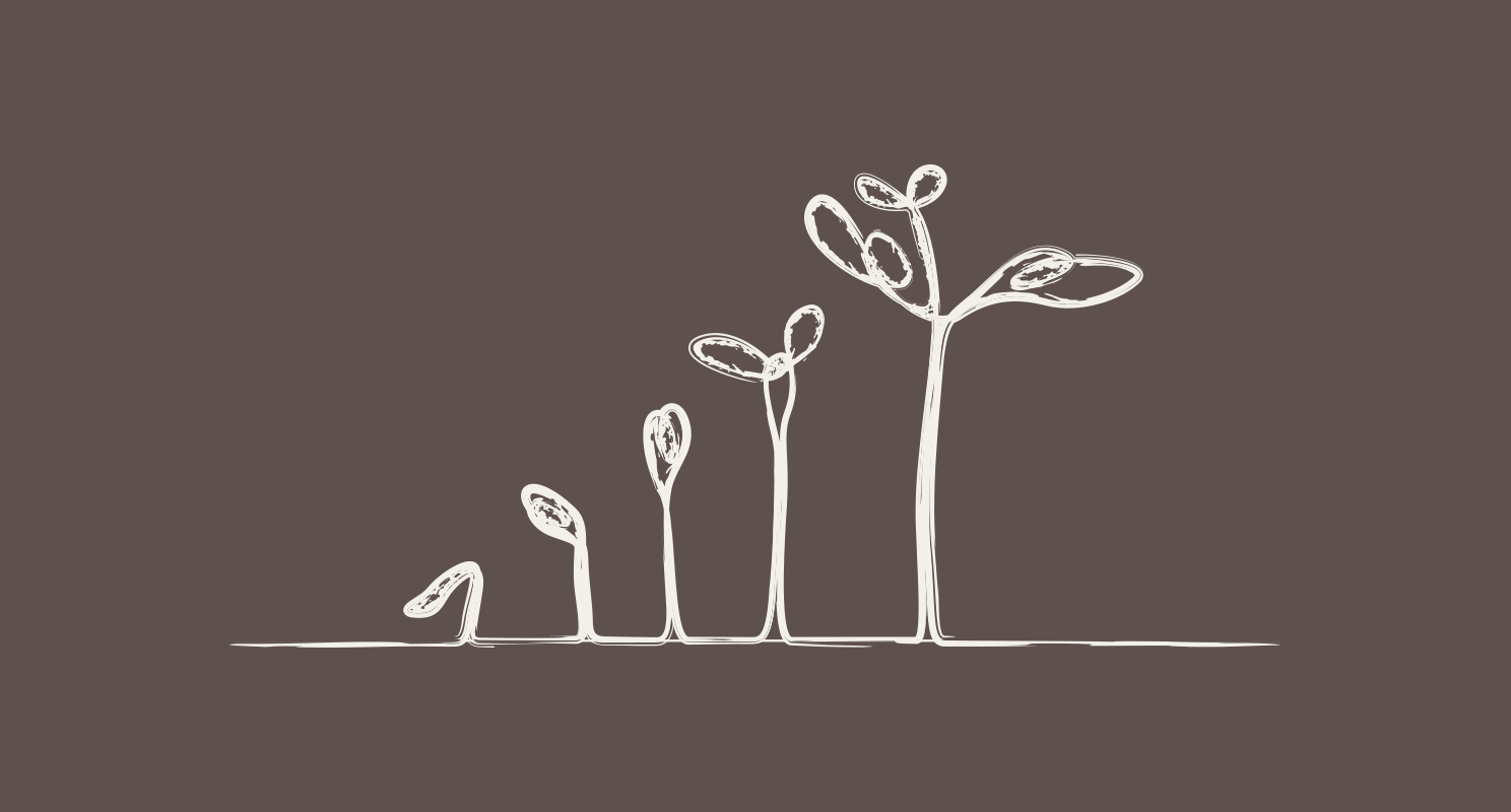 White sketch of five plant sprouts at different growth stages emerging from a ground line on a brown background.