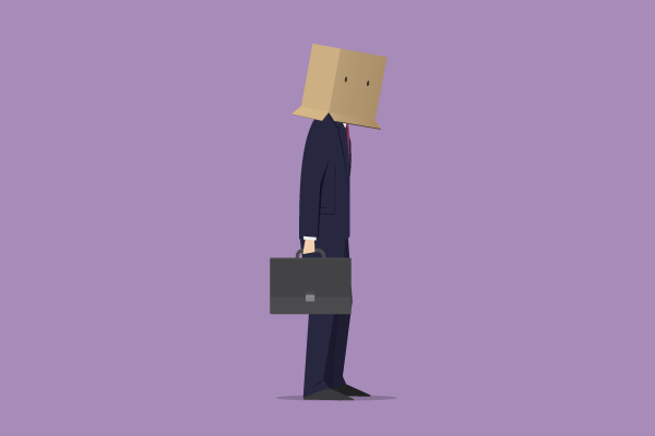 Businessperson with a paper bag over their head, holding a briefcase, facing left on a purple background.