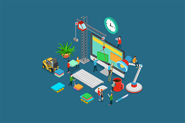 Isometric illustration of a team building a website, with a large monitor, keyboard, crane, and workers using tools on a blue background.