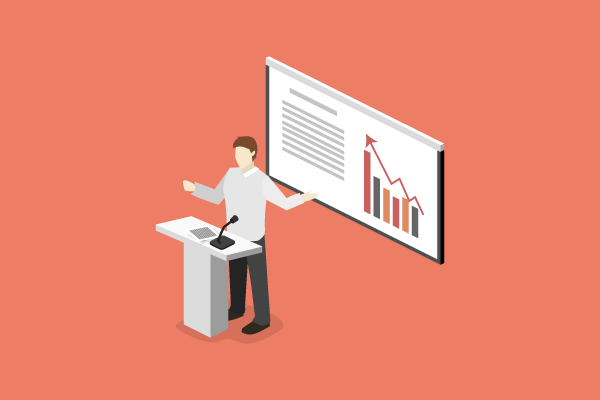 Person giving a presentation at a podium with a large screen showing a bar chart and a rising line graph.