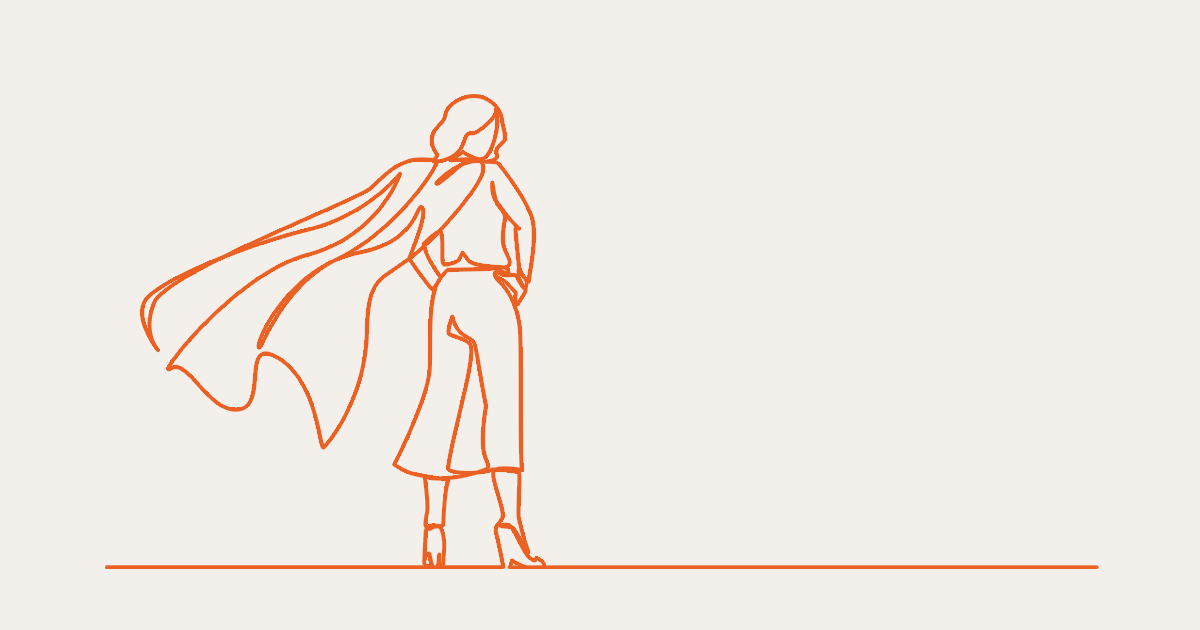 Line drawing of a person with a cape standing on a line, hands on hips, exuding superhero confidence.