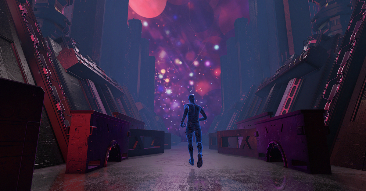 Blue person running in digitally generated environment