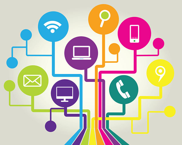Colorful interconnected tech icons (wifi, laptop, phone, email, location) forming a network map thus illustrating connectivity and communication channels.