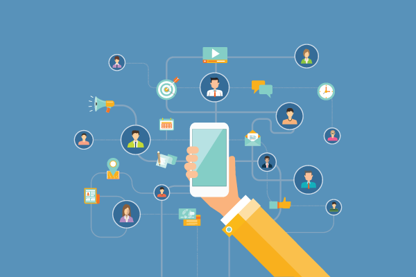 Hand holding a smartphone with a network of interconnected avatars and icons, symbolizing digital communication and collaboration.