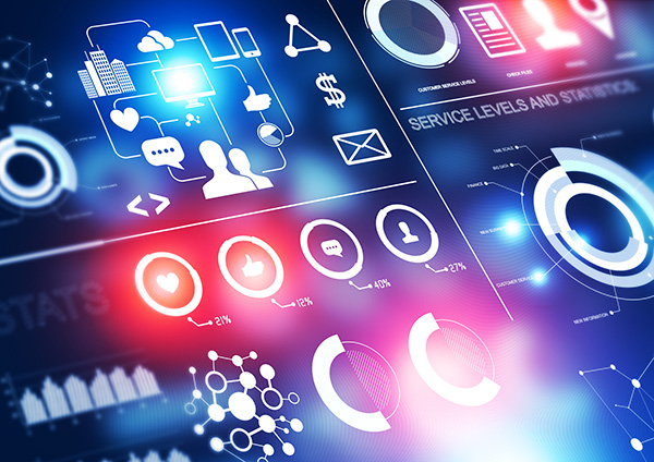 Abstract tech dashboard with colorful graphs, charts, and social icons representing data analytics.