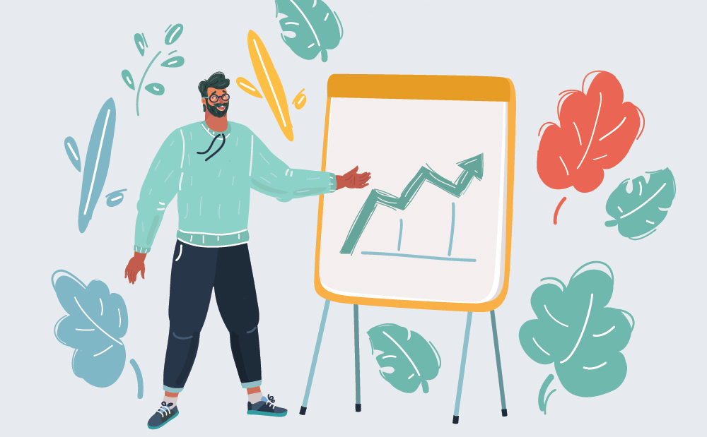 Illustration of man presenting growth on chart