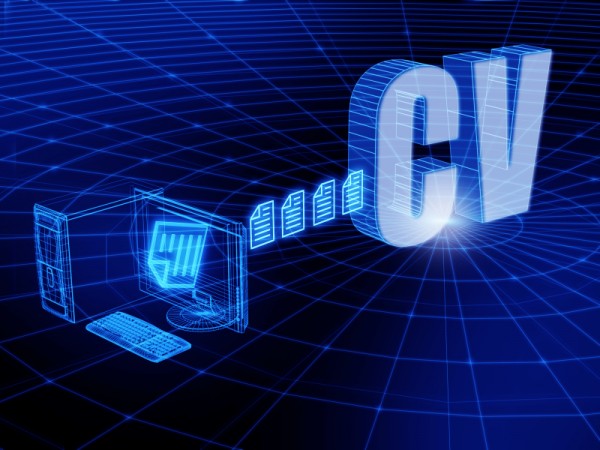 Blue neon 3D illustration of a computer sending data through a network toward large glowing 'CV' letters, with a grid-like digital background.