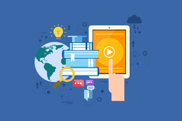 Tablet displaying a video play button beside a stack of books, globe, magnifying glass, and chat icons to illustrate online learning.