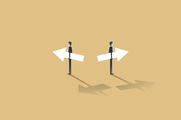 Two silhouettes face opposite directions, each holding a large white arrow, casting long shadows on a tan background.
