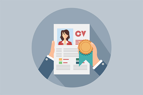 Two hands hold a resume with a profile photo and a gold ribbon badge, set against a circular blue background, symbolizing a job application