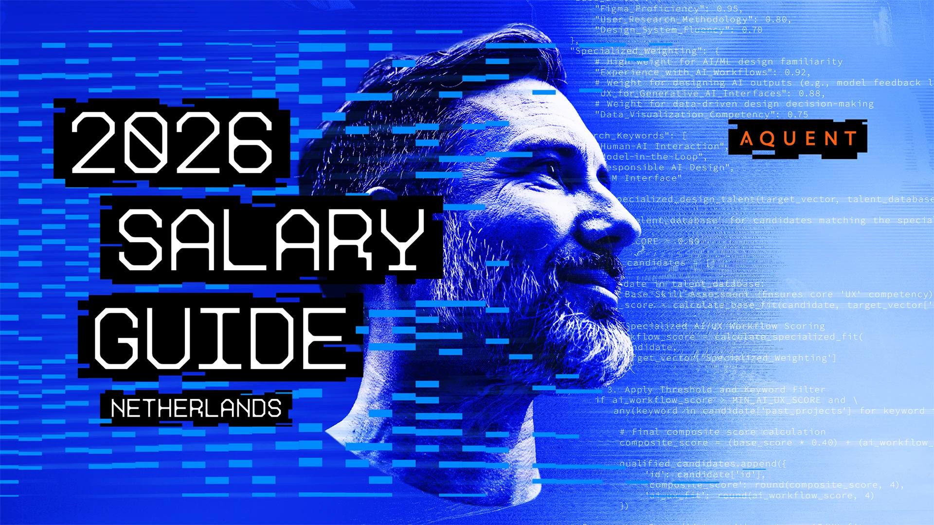 Cover image for 2026 Salary Guide Netherlands, featuring a man’s profile against a blue code-themed background and the Aquent logo.