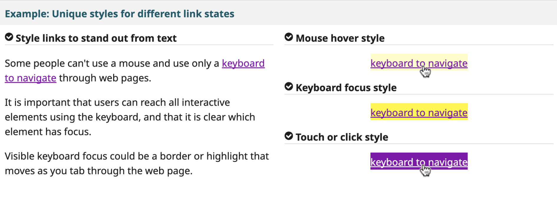 W3C Accessibility Initiative. Example showing link styles for accessibility. Includes mouse hover with yellow color, keyboard focus with yellow highlight, and touch click with purple highlight. (text version available in above link)