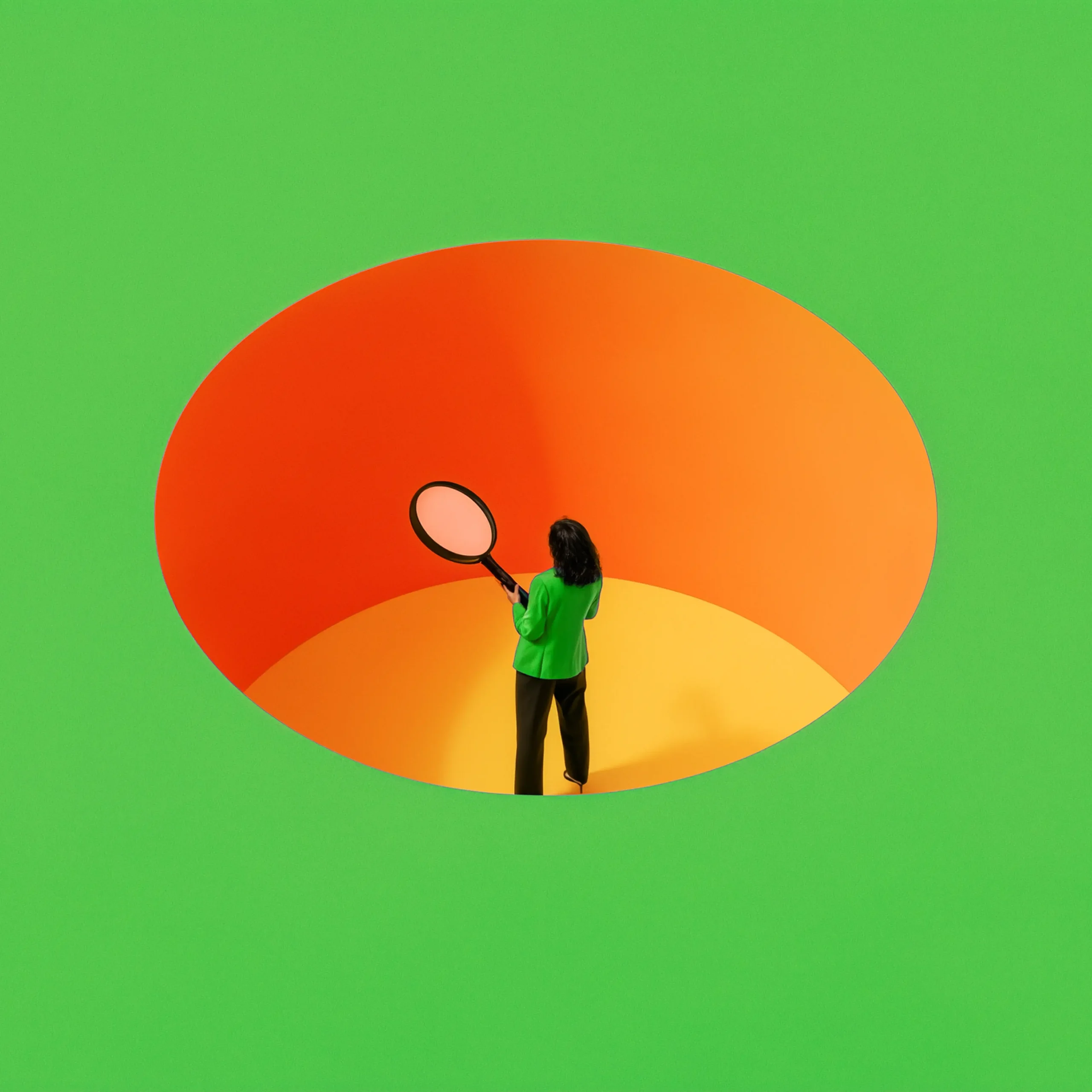 Person in a bright green shirt stands in front of a large orange circle on a vivid green background, part of an abstract mural.