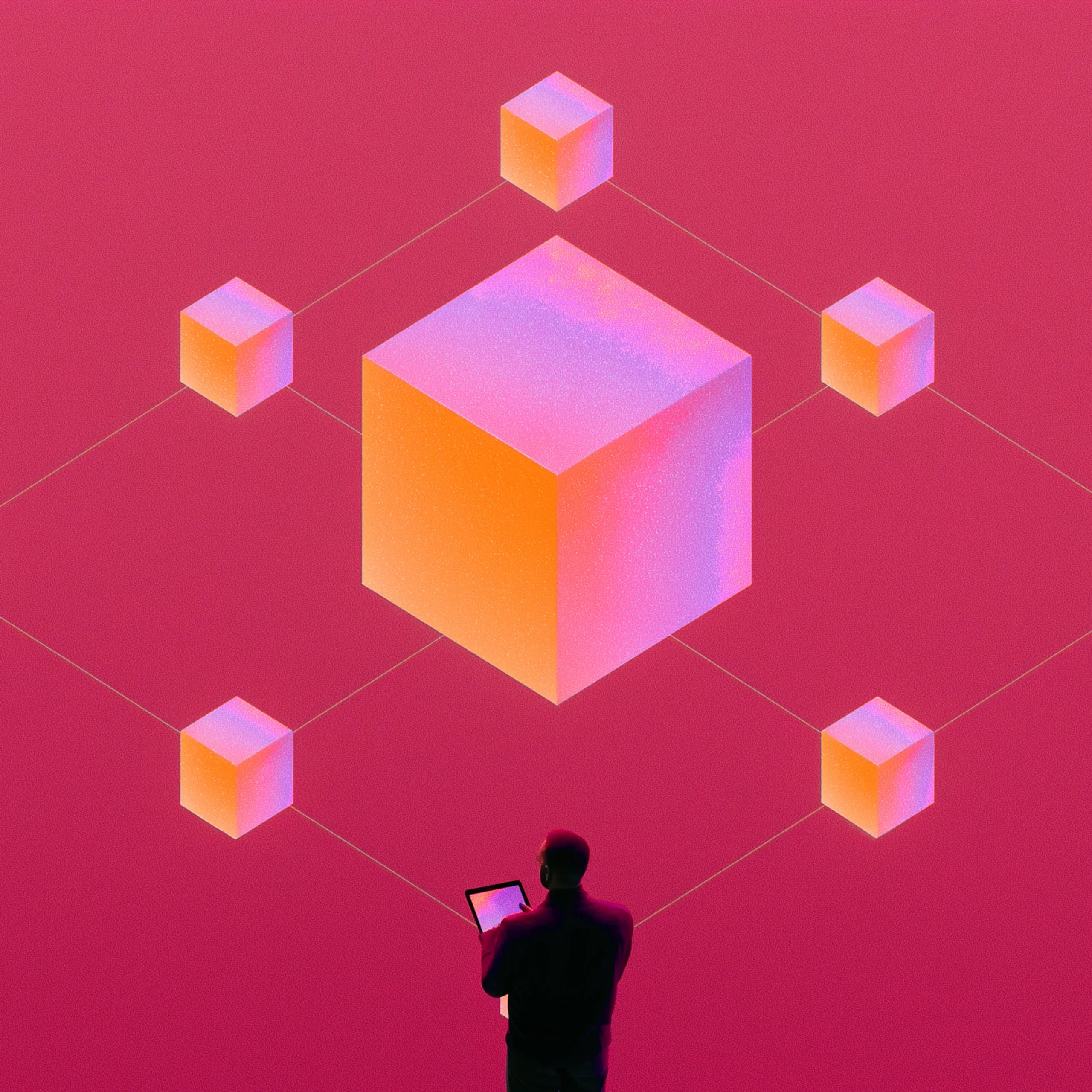 Two people stand with tablets, facing a wall of glowing pink-orange geometric cubes in a red gallery scene.